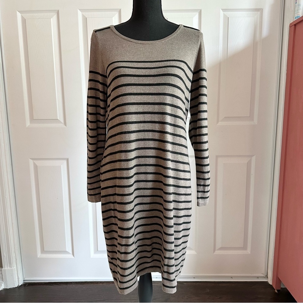 LOFT Tan and Black Striped Long Sleeve Sweater Dress